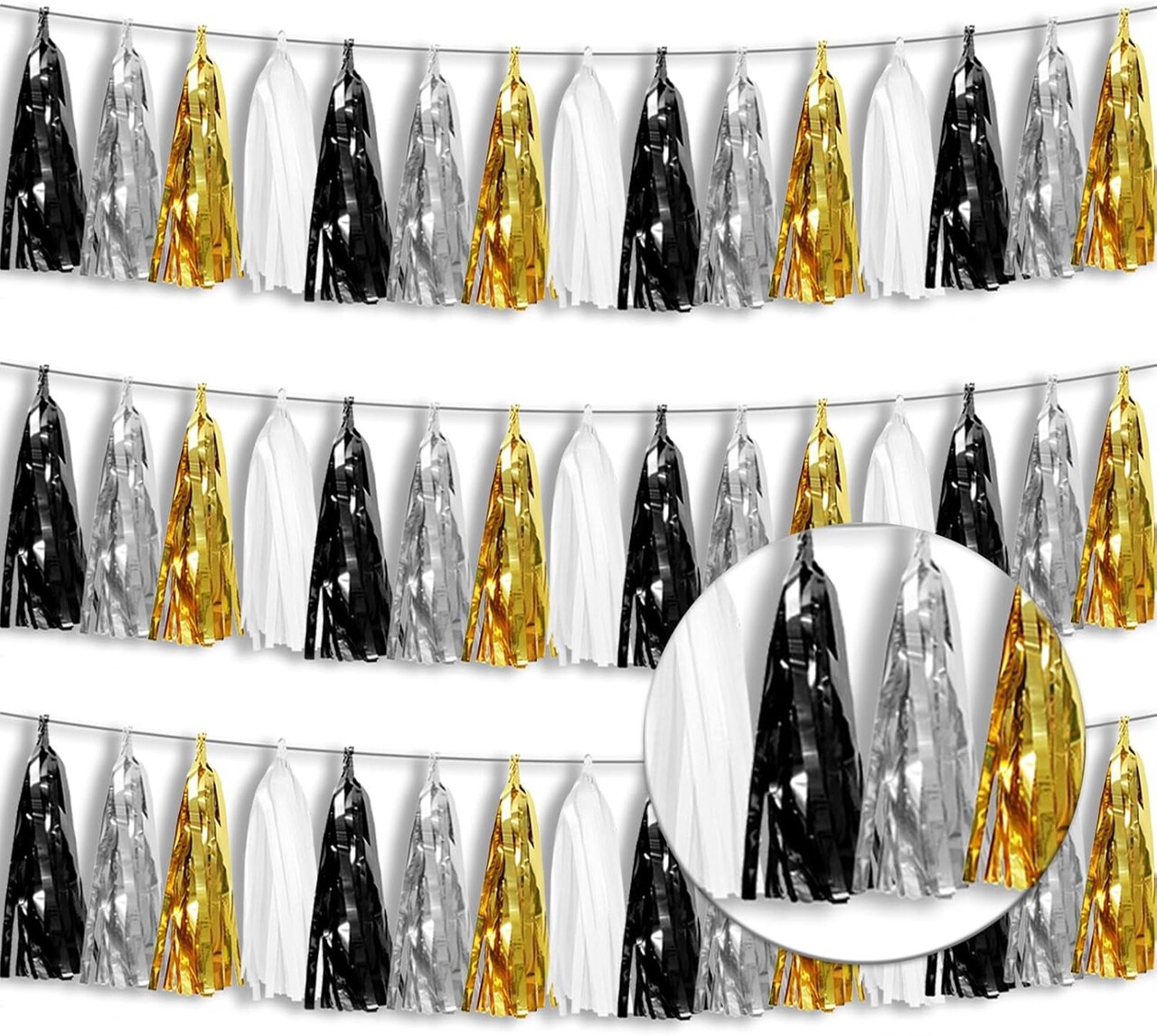 3P Metallic Fringe Tassel Banner Garland Foil Tinsel Streamer Wall Hanging(Black Gold Silver)